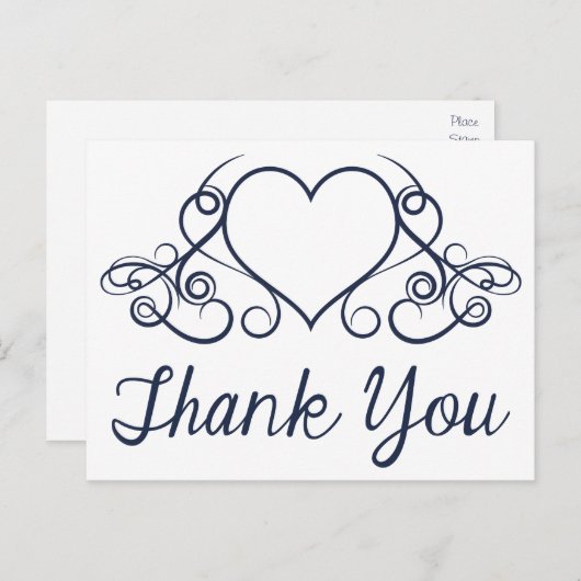 Dank u Navy Blue Love Heart Briefkaart (Voorkant / Achterkant)