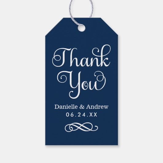 Dank u Navy Blue Modern Script bruiloft Cadeaulabel (Voorkant)