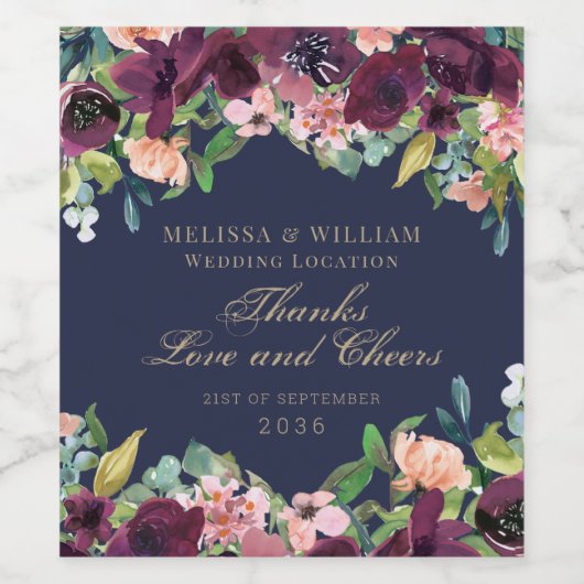 Dank u Navy Waterverf Bourgondië Floral bruiloft Wijn Etiket (Enkel label)