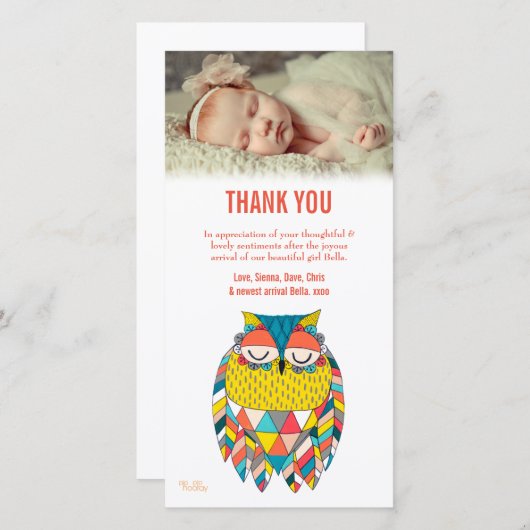 Dank u nota Aztec Baby Uil fotokaart Sjabloon (Voorkant / Achterkant)
