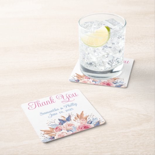 Dank u onderzetter bruiloft gunst roze blauw (Insitu)