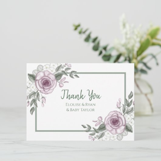 Dank u, opmerkingen | Mauve Rozen Baby shower Kaart (Staand voorkant)