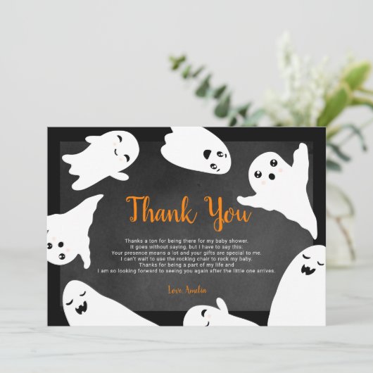 Dank u oranje zwarte Halloween spook baby shower Bedankkaart (Staand voorkant)
