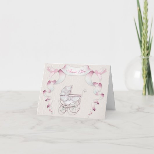 Dank U Oude Koets Ivoor Roze Gingham Bedankkaart (Voorkant)