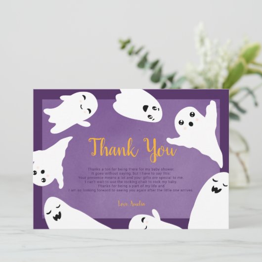 Dank u paarse Halloween-spoken baby shower Bedankkaart (Staand voorkant)