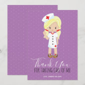 Dank u Paarse Script Blonde Cartoon Nurse Bedankkaart (Voorkant / Achterkant)