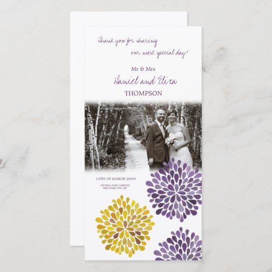 Dank u Paarse Yellow Flower Wedding Photo Card Bedankkaart (Voorkant / Achterkant)