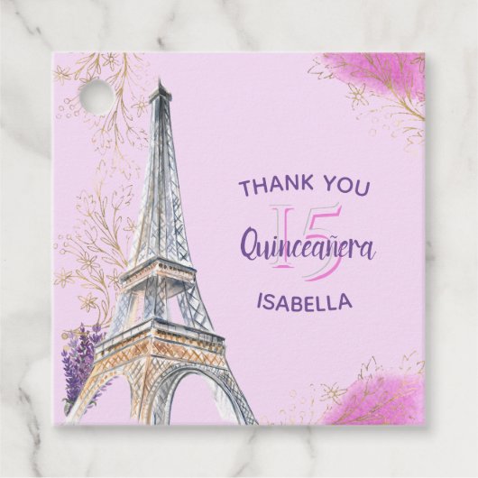 Dank u Paris Eiffeltoren Roze Quinceanera Bedankjes Labels (Voorkant)