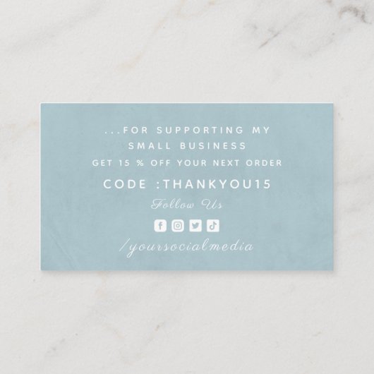 Dank u pastel lichtblauwe neutrale schaduw korting visitekaartje (Achterkant)