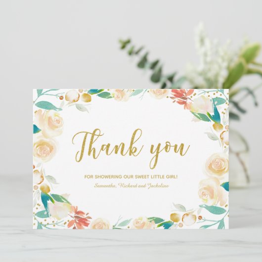 Dank u Peach Floral Wreath Baby shower Bedankkaart (Staand voorkant)