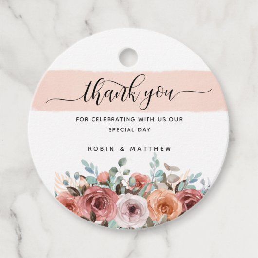 Dank u, Perzik, Blos, Mint Bloemen, Bruiloft Bedankjes Labels (Voorkant)