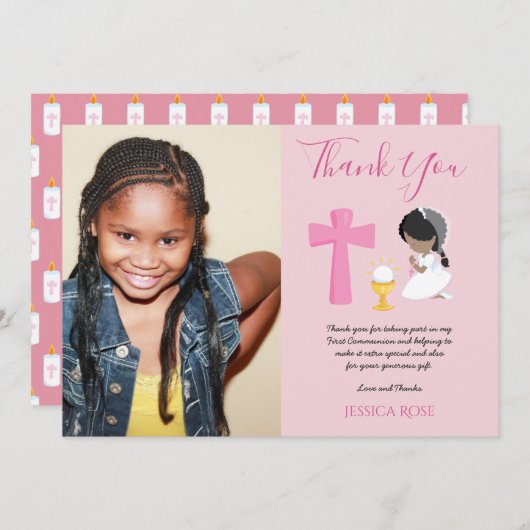 DANK U PHOTO 1st Commune - GIRL PINK Bedankkaart (Voorkant / Achterkant)