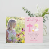 DANK U PHOTO 1st Commune - GIRL PINK Blonde Bedankkaart (Staand voorkant)