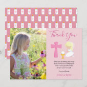 DANK U PHOTO 1st Commune - GIRL PINK Blonde Bedankkaart (Voorkant / Achterkant)