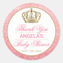 Dank u Pink Princess Gold Crown Baby shower Ronde Sticker