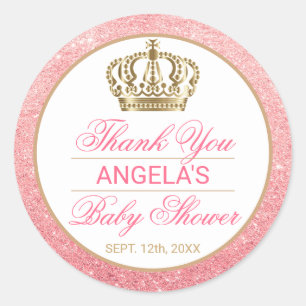 Dank u Pink Princess Gold Crown Baby shower Ronde Sticker