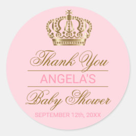 Dank u Pink Princess Gold Crown Baby shower Ronde Sticker