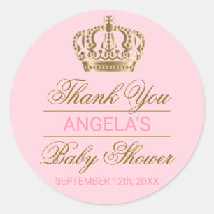 Dank u Pink Princess Gold Crown Baby shower Ronde Sticker