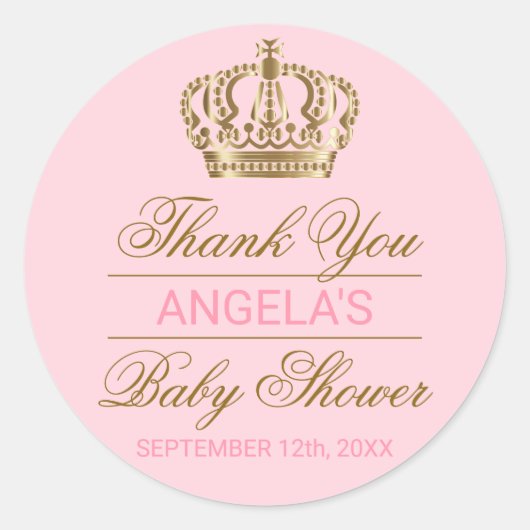 Dank u Pink Princess Gold Crown Baby shower Ronde Sticker (Voorkant)