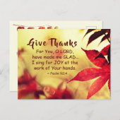 Dank U, Psalm 92:4 Bijbelvers Briefkaart (Voorkant / Achterkant)