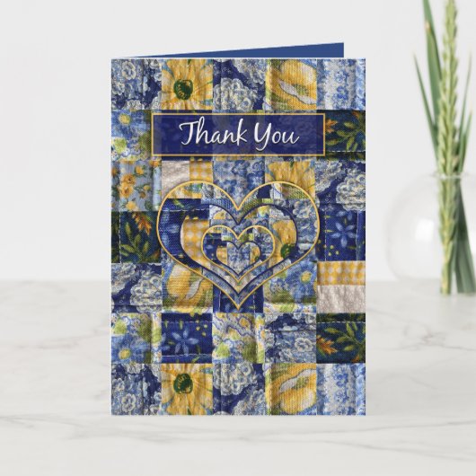 Dank u, Quilt Square, geel blauw, bloemenprint Kaart (Voorkant)
