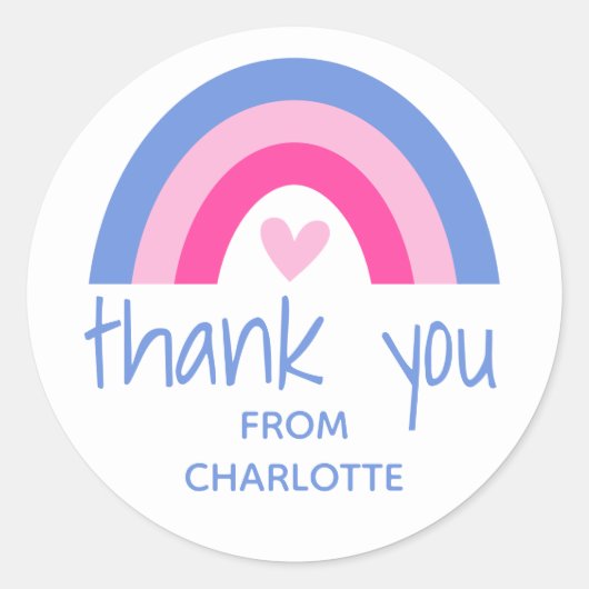 Dank u Rainbow Heart Kids Verjaardagsfeestje Roze Ronde Sticker (Voorkant)