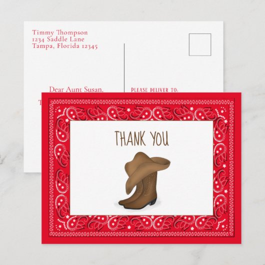 Dank u, Red Bandana Cowboy Cute Pet en Boots Briefkaart (Voorkant / Achterkant)
