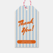 Dank u Retro Sinaasappel Blauwe Strepen Baby showe Cadeaulabel (Voorkant)