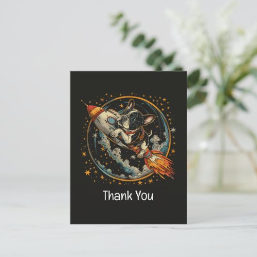 Dank u Rocket Ship Franse Bulldog Astronaut Briefkaart (Staand voorkant)