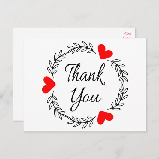 Dank u Rode Hart Zwart Laurel Bladkrans Briefkaart (Voorkant / Achterkant)
