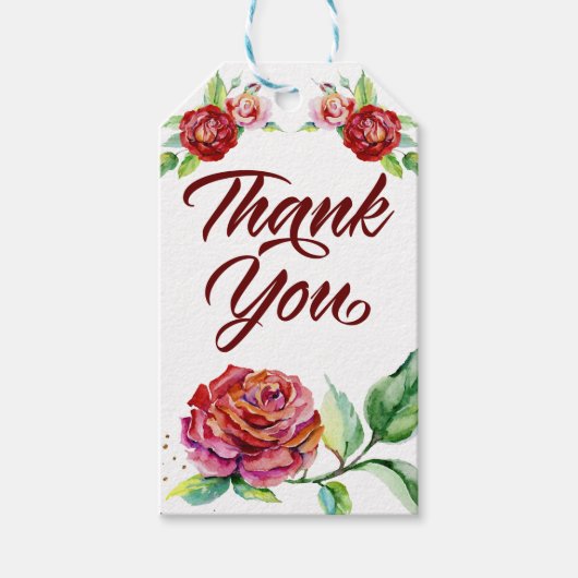 Dank u  Rode Rozen Waterverf Bloemen Cadeaulabel (Voorkant)