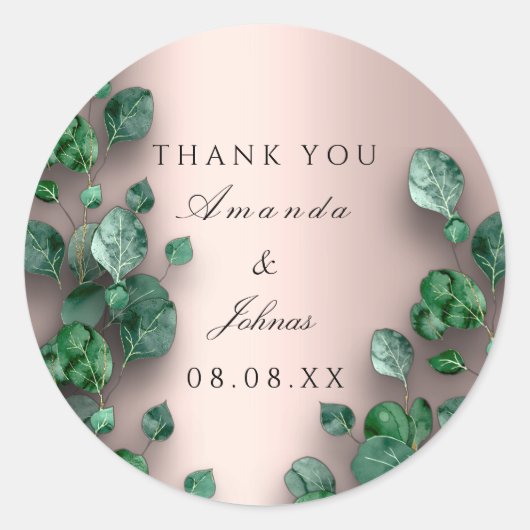 Dank u Roos Groene Eucalyptus Woodland bruiloft Ronde Sticker (Voorkant)