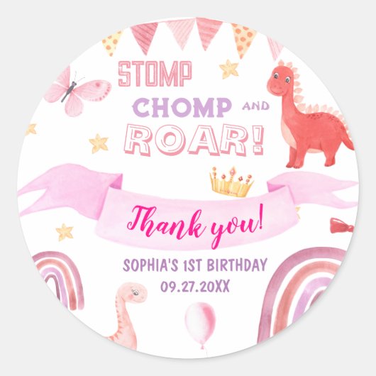 Dank u Roze Baby Dinasaur Kids Verjaardagsfeestje Ronde Sticker (Voorkant)
