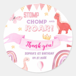 Dank u Roze Baby Dinasaur Kids Verjaardagsfeestje Ronde Sticker