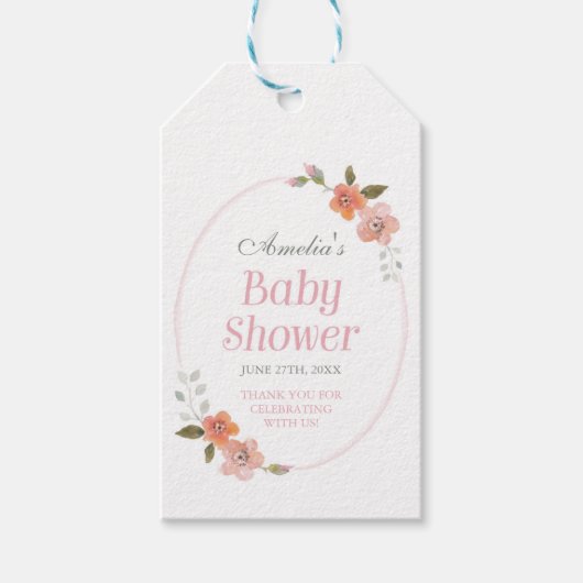 Dank u Roze Baby shower met Delicate Bloemen Cadeaulabel (Voorkant)