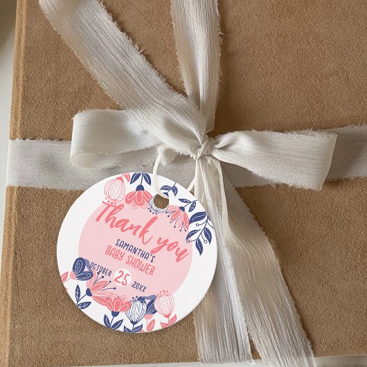 Dank u Roze Blauw Bloemen Botanisch Baby shower Bedankjes Labels