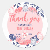 Dank u Roze Blauw Bloemen Botanisch Baby shower Ronde Sticker (Voorkant)