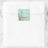 Dank u Roze Bloemen Waterverf Mint Vierkante Sticker (Tas)