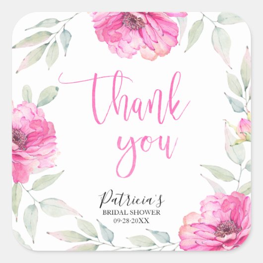 Dank U Roze Bloemenschildering Bruiloft Vierkante Sticker (Voorkant)