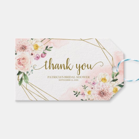 Dank u - Roze Blush Bloemen Goud Geometrische Favo Cadeaulabel (Voorkant (Horizontaal))