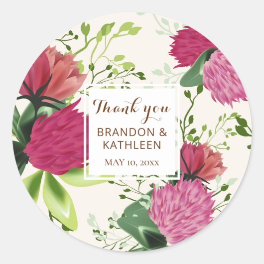 Dank u Roze & Rode Klaver Bloemen bruiloft Ronde Sticker (Voorkant)