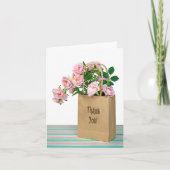 Dank u roze rozen in bruine tas bedankkaart (Voorkant)