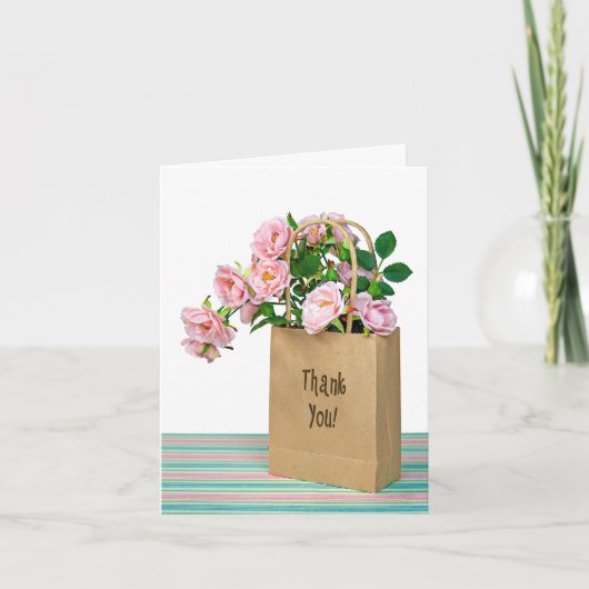 Dank u roze rozen in bruine tas bedankkaart (Voorkant)