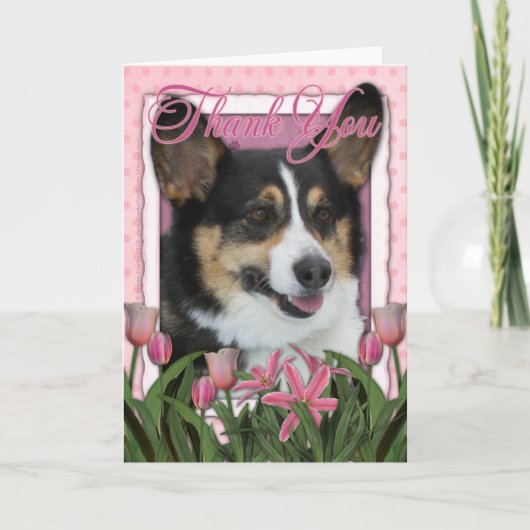Dank u - Roze Tulpen - Corgi Bedankkaart (Voorkant)