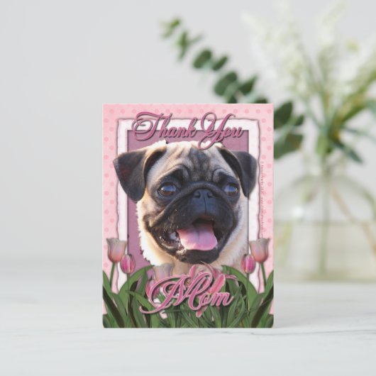 Dank u - Roze Tulpen - Pug Briefkaart (Staand voorkant)