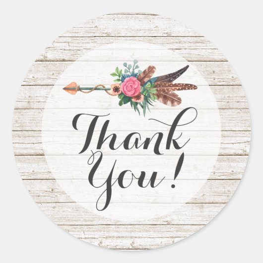 Dank u rustieke Boheemse veren pijl bruiloft Ronde Sticker (Voorkant)