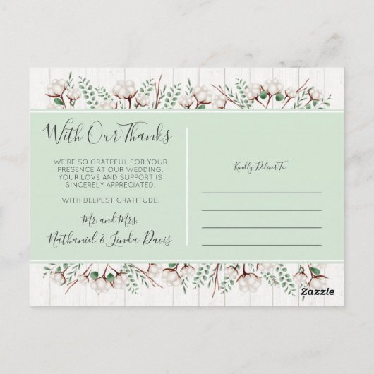 Dank u Rustieke Southern Cotton & Wood Passen getr Briefkaart (Achterkant)