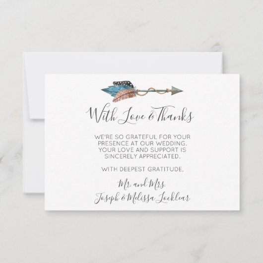 Dank u rustieke turquoise veer pijl foto bedankkaart (Achterkant)