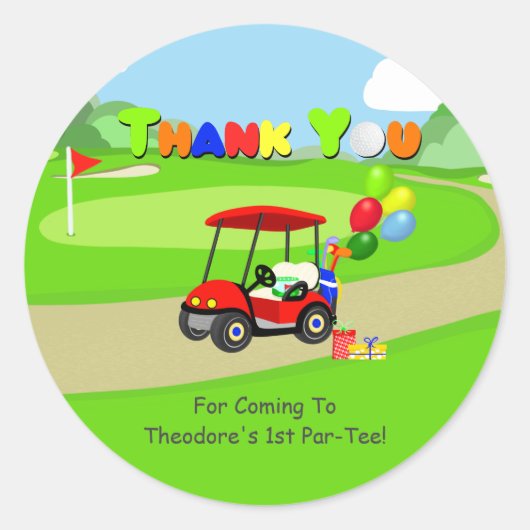 Dank u Schattige 1e verjaardag rode golfkar Boy's Ronde Sticker (Voorkant)