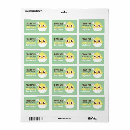 Dank u Schattige Hatching Chick Baby shower Labels (Full Sheet)